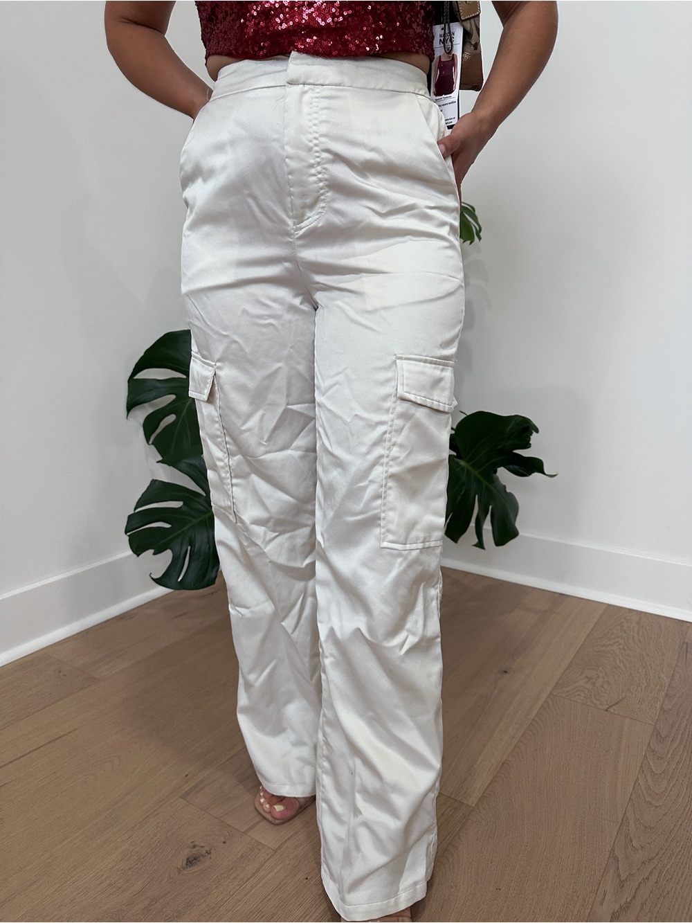 High-Rise Wide Leg Cargo Pants — White